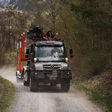 Unimog U 530 auf einer Forststraße mit Rungenanhänger für die Holztransport