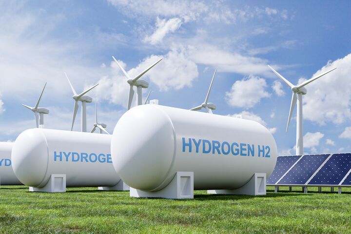 Hydrogen energy storage gas tank for clean electricity solar and wind turbine facility.3d rendering