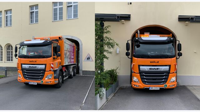 Lkw passieren besonders enge Hausdruchfahrten