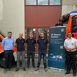 Die Berliner Feuerwehr setzt für 210 Rettungswagen und 50 Notarzteinsatzfahrzeuge auf das digitale Flottenmanagement von ZF. Im Bild von links nach rechts: Florian Müller (Operations Lead ZF Rescue Connect), Martin Hagenacker (Business Developer, ZF), Markus Kaiser (Sales Lead ZF Rescue Connect), Alexander Grupp (Venture Lead ZF Rescue Connect) und Maximilian Krause (Projektleiter Flottenmanagement - Berliner Feuerwehr) // One of Europe?s largest fire departments, the Berlin Fire Department, relies on ZF?s digital fleet management for 210 ambulances and 50 emergency vehicles. Pictured from left to right: Florian Müller (Operations Lead ZF Rescue Connect), Martin Hagenacker (Business Developer, ZF), Markus Kaiser (Sales Lead ZF Rescue Connect), Alexander Grupp (Venture Lead ZF Rescue Connect), and Maximilian Krause (Project Manager Fleet Management - Berlin Fire Department).