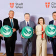 Hans Roth, Gründer von Saubermacher, Walter Ruck, Präsident der WK Wien, Wiens Bürgermeister Michael Ludwig, Tina Schrettner, Geschäftsführerin Ankerbrot und Karl-Heinz Strauss, CEO von Porr